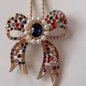 Betsey Johnson Pearl Crystal Bow Necklace Brooch